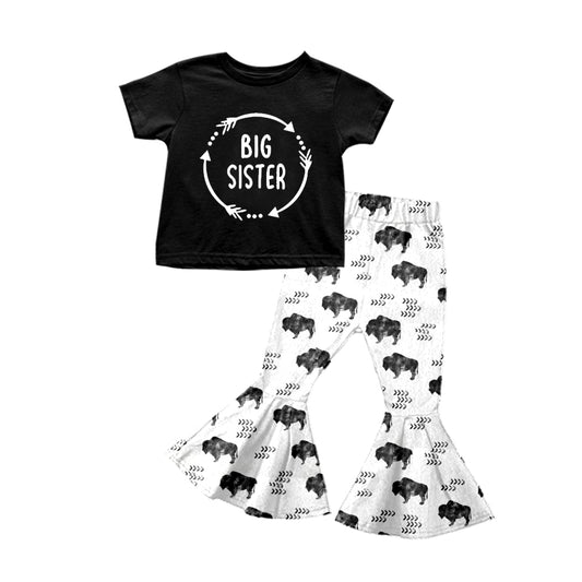 Baby Girls Big Sister Black Top Bell Cows Pants Clothing Sets Preorder(moq 5)