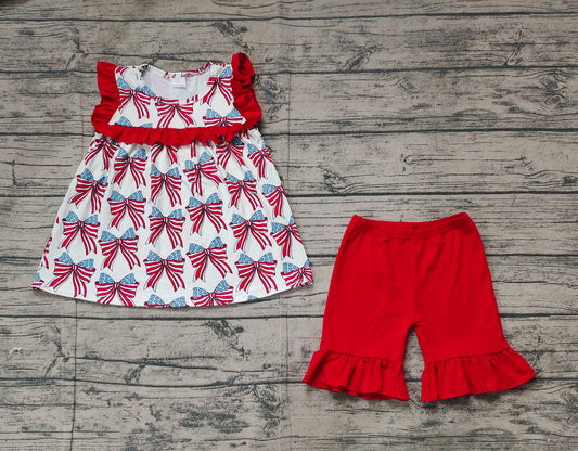 Baby Girls 4th Of July Bow Ruffles Tunic Ruffle Shorts Sets