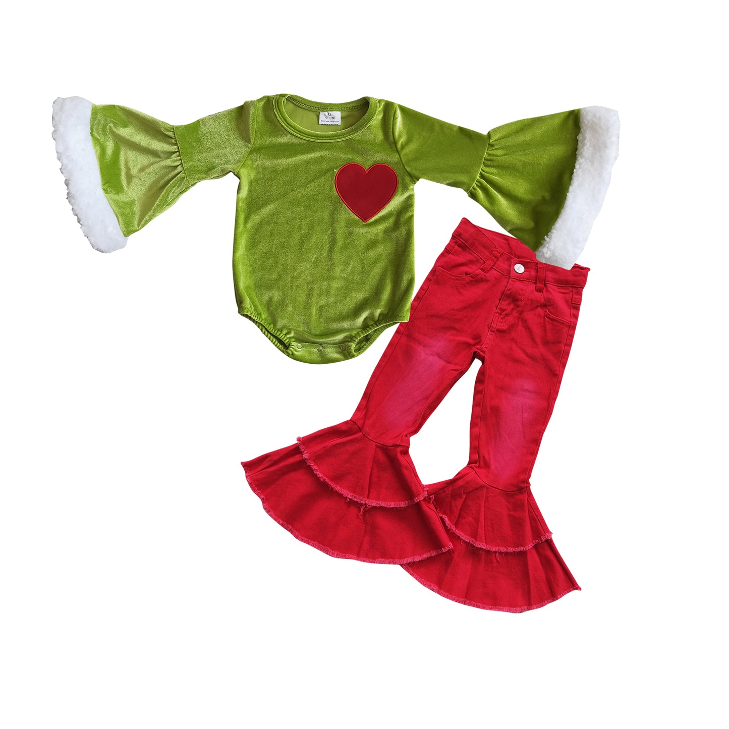 Baby Girls Green Heart Leotards Tops Red Denim Christmas Bell Bottom Pants Clothes Sets