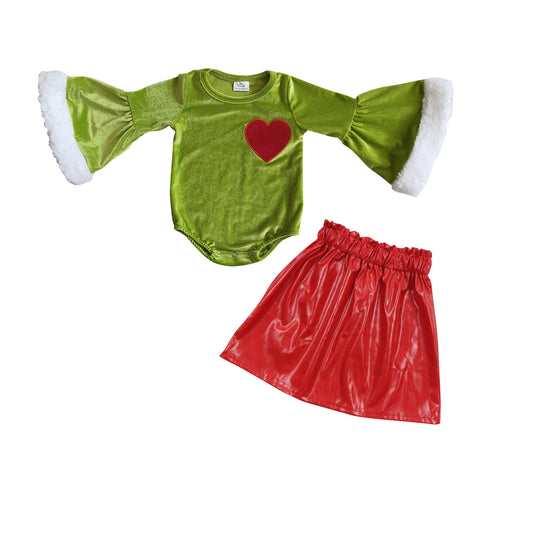 Baby Girls Green Heart Leotards Tops Red Pleather Skirts Clothes Sets