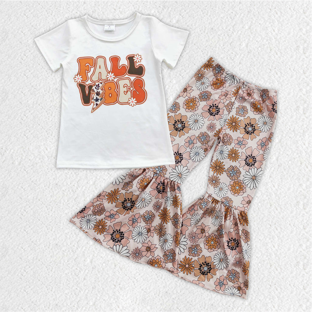 Baby Girls Fall Flowers Short Sleeve Tops Bell Pants Clothes Sets