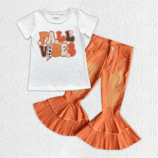 Baby Girls Fall Flowers Shirt Top Orange Denim Pants Clothes Sets