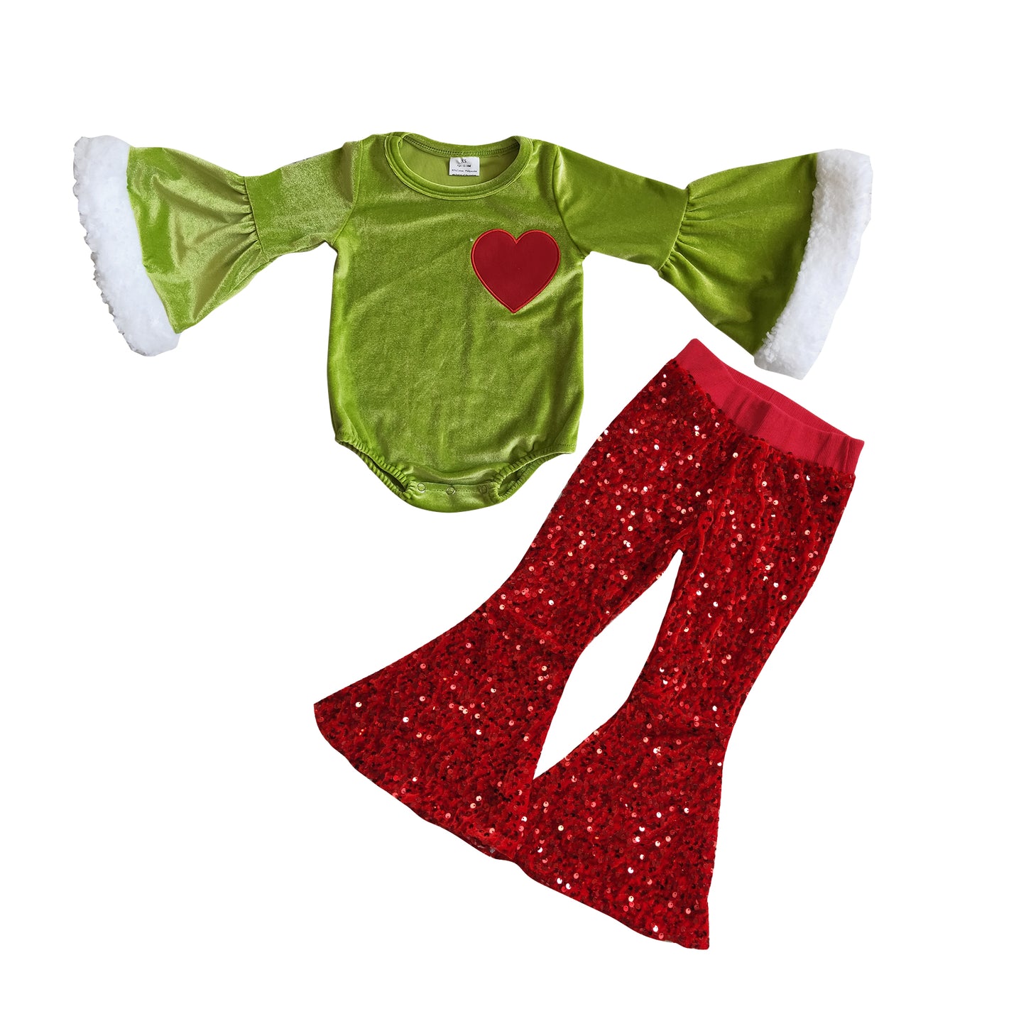 Baby Girls Green Heart Leotards Tops Red Sequin Bell Bottom Pants Clothes Sets