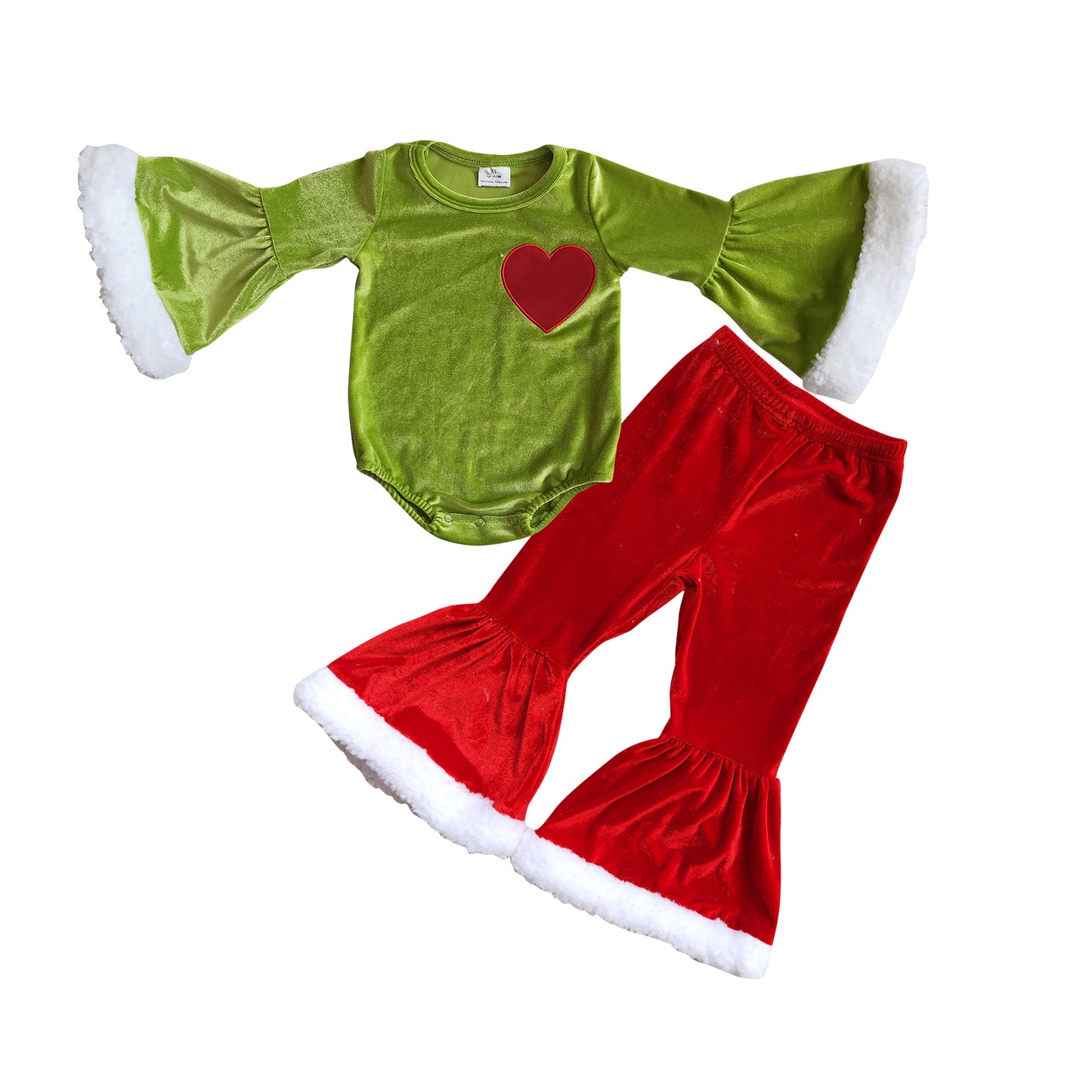 Baby Girls Green Heart Leotards Tops Red Fur Bell Bottom Pants Clothes Sets