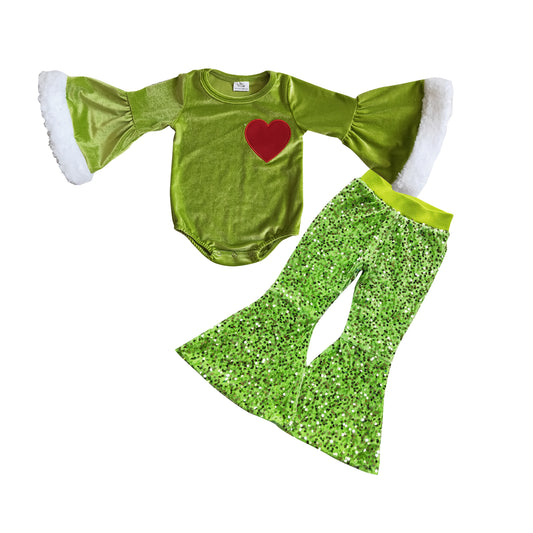 Baby Girls Green Heart Leotards Tops Sequin Bell Bottom Pants Clothes Sets