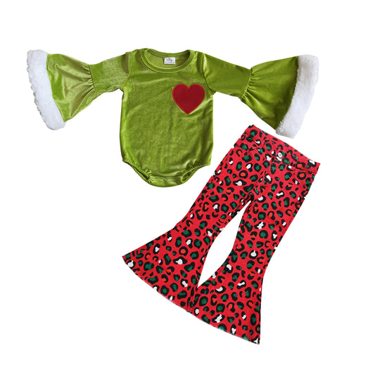 Baby Girls Green Heart Leotards Tops Leopard Denim Christmas Bell Bottom Pants Clothes Sets