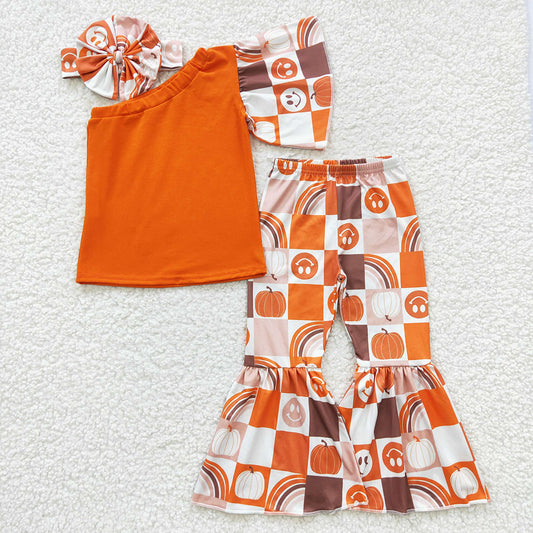 Baby Girls Pumpkin Smile Face Bell Pants clothes(can choose headband here)