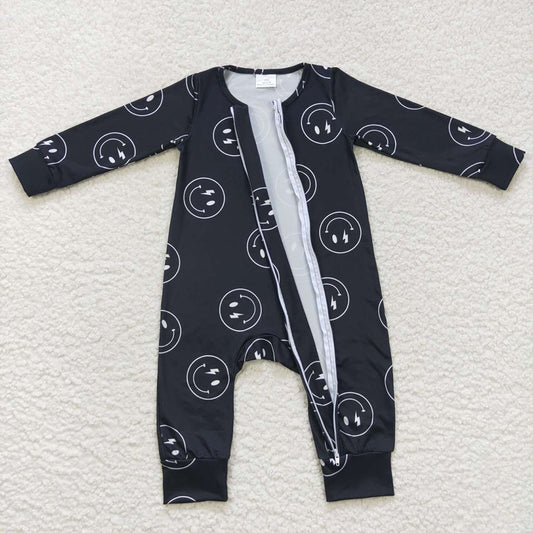 Baby Girls Black Smile Long Sleeve Zip Rompers