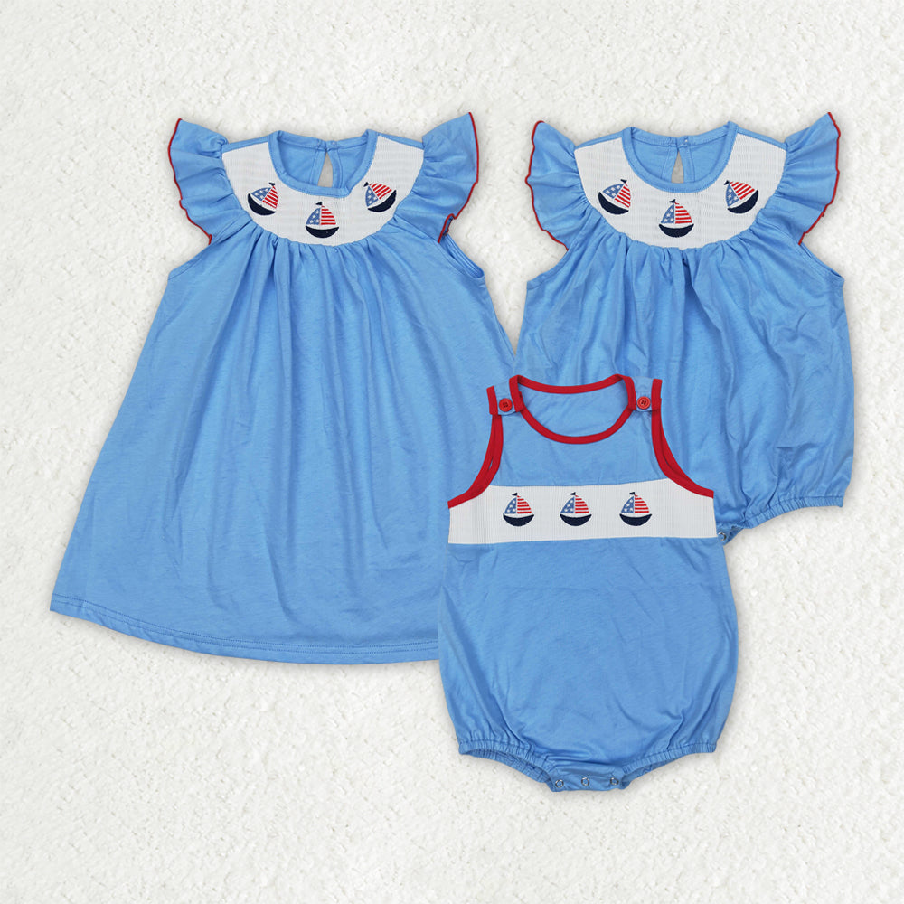 Sibling Smocked Baby Boys Girls 4th Of July Sailboats Rompers Dresses