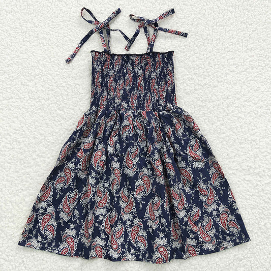 Baby Girls Dark Blue Flowers Elastic Knee Length Dresses