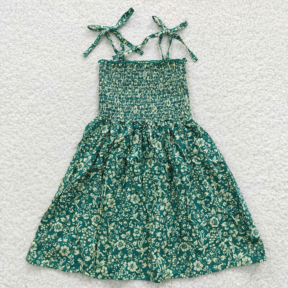 Baby Girls Green Flowers Elastic Knee Length Dresses