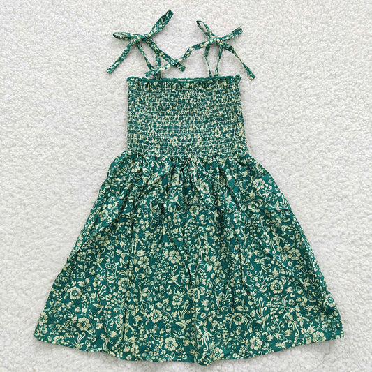 Baby Girls Green Flowers Elastic Knee Length Dresses