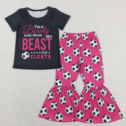 Baby Girls Black Soccer Tee Shirt Top Pink Bell Pants Clothes Sets