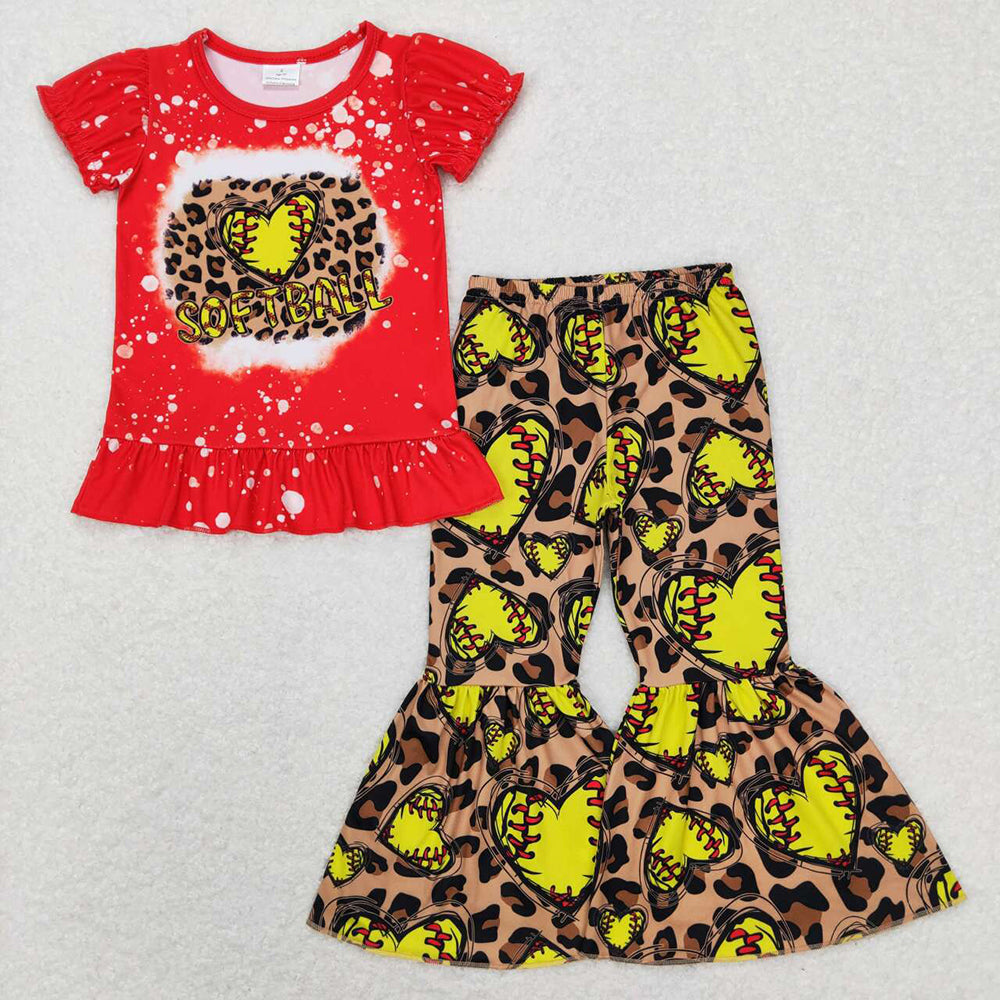 Baby Girls Softball Short Sleeve Tops Shirts Leopard Bell Pants Clothes Sets