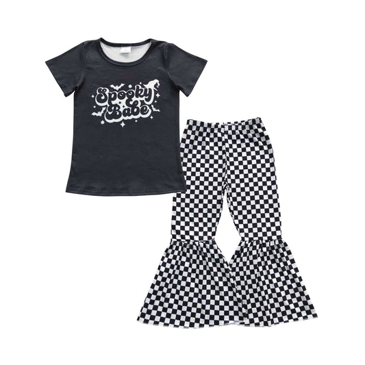 Baby Girls Spooky Babe Shirts Bell Checkered Pants Clothes Sets