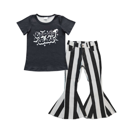 Baby Girls Spooky Tops Black Stripes Denim Pants Kids Clothes Sets