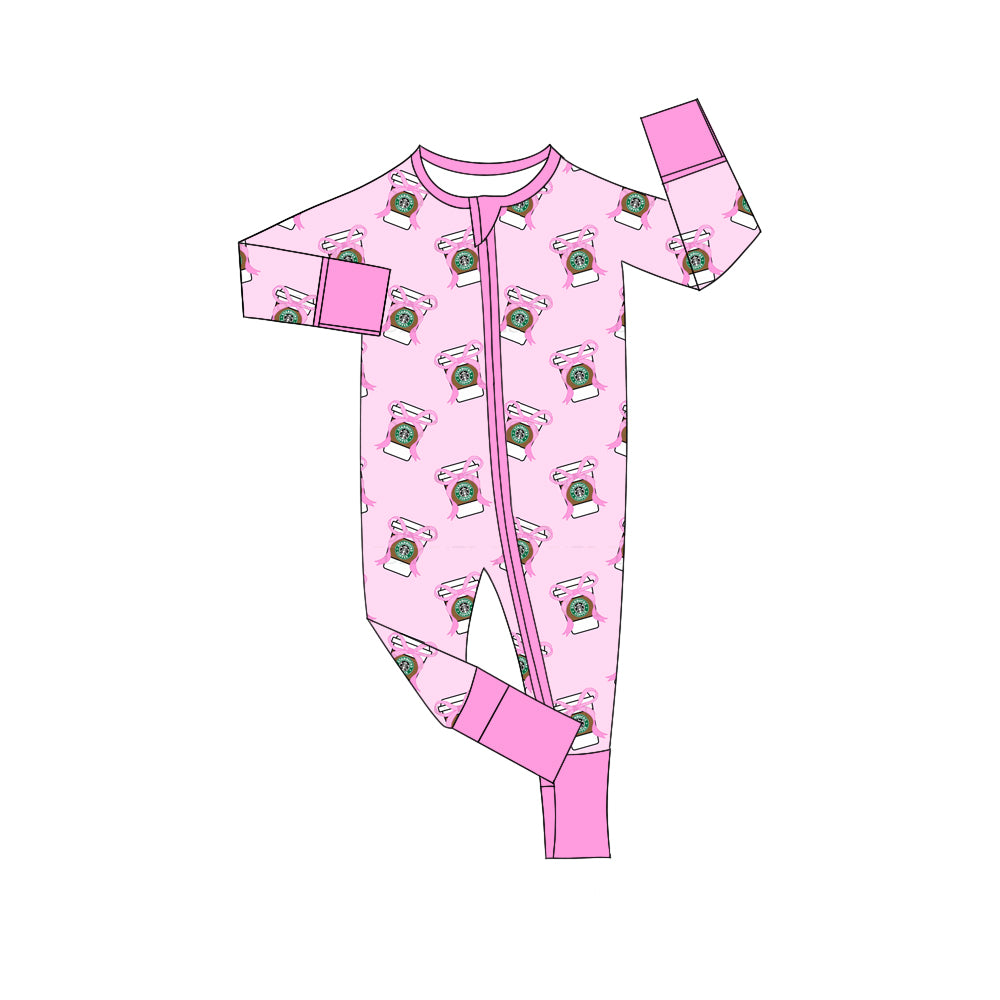 Preorder(moq 5)Baby Girls Pink Coffee Cup Zipper Footie Rompers