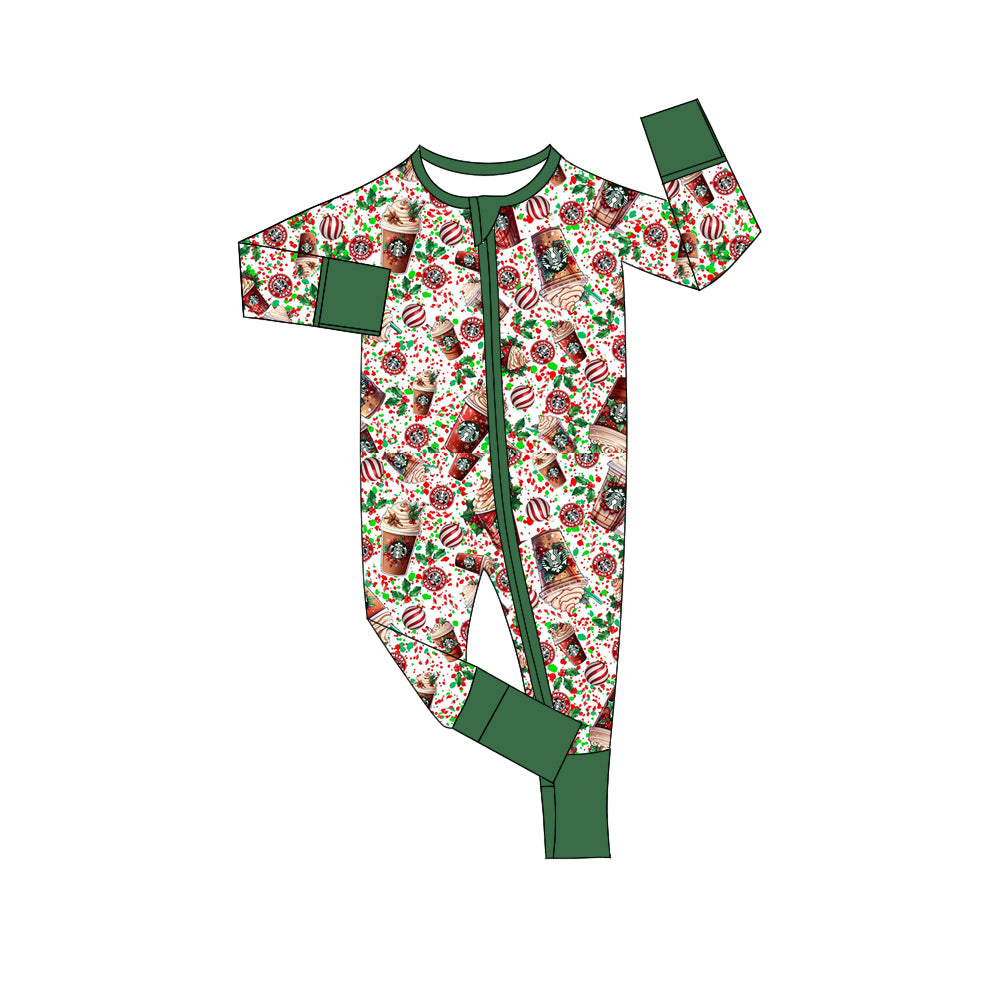 Preorder(moq 5)Baby Kids Christmas Coffee Baseball Green Zipper Footie Rompers