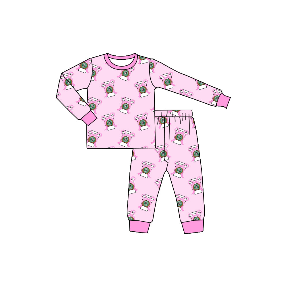 Preorder (moq 5)Baby Girls Pink Coffee Cup Shirts Pants Pajamas Sets