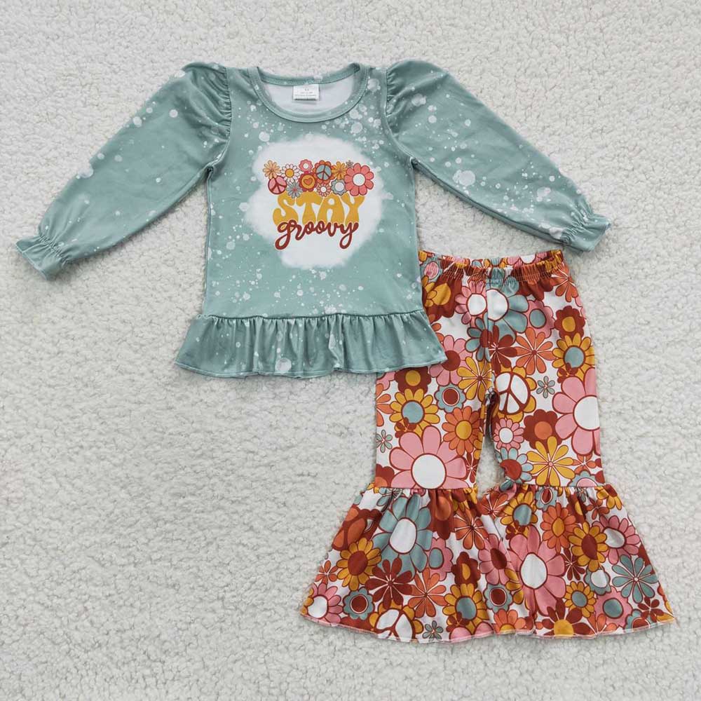 Baby Girls Stay Groovy Tee Flowers Bell Pants Clothes Sets