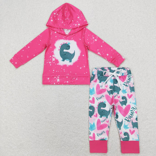 Baby Girls Valentines Pink Hearts Dinosaurs Hooded Top Pants Clothes Sets