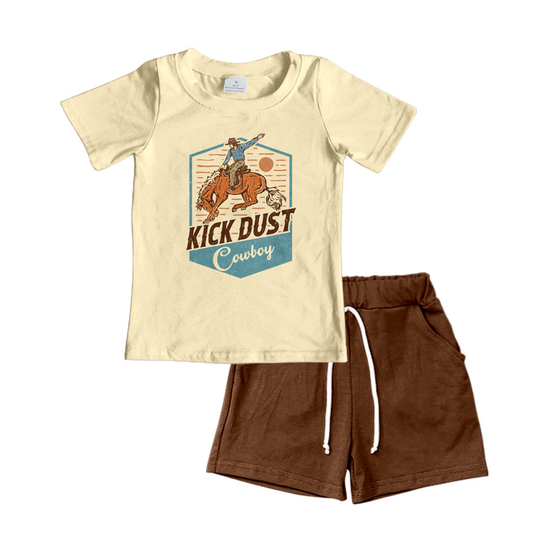 Baby Boys Western Cowboy Short Sleeve Shirt Top Brown Shorts Clothes Sets Preorder(moq 5)