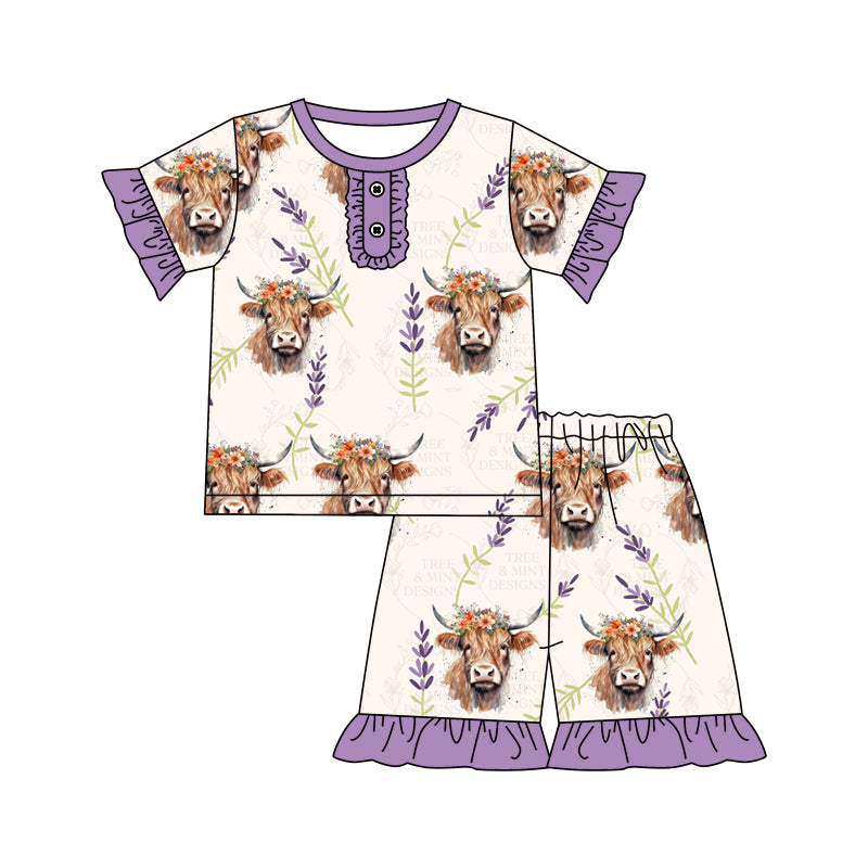 Baby Girls Purple Highland Cow Short Sleeve Shirt Top Shorts Pajamas Clothes Sets Preorder(moq 5)