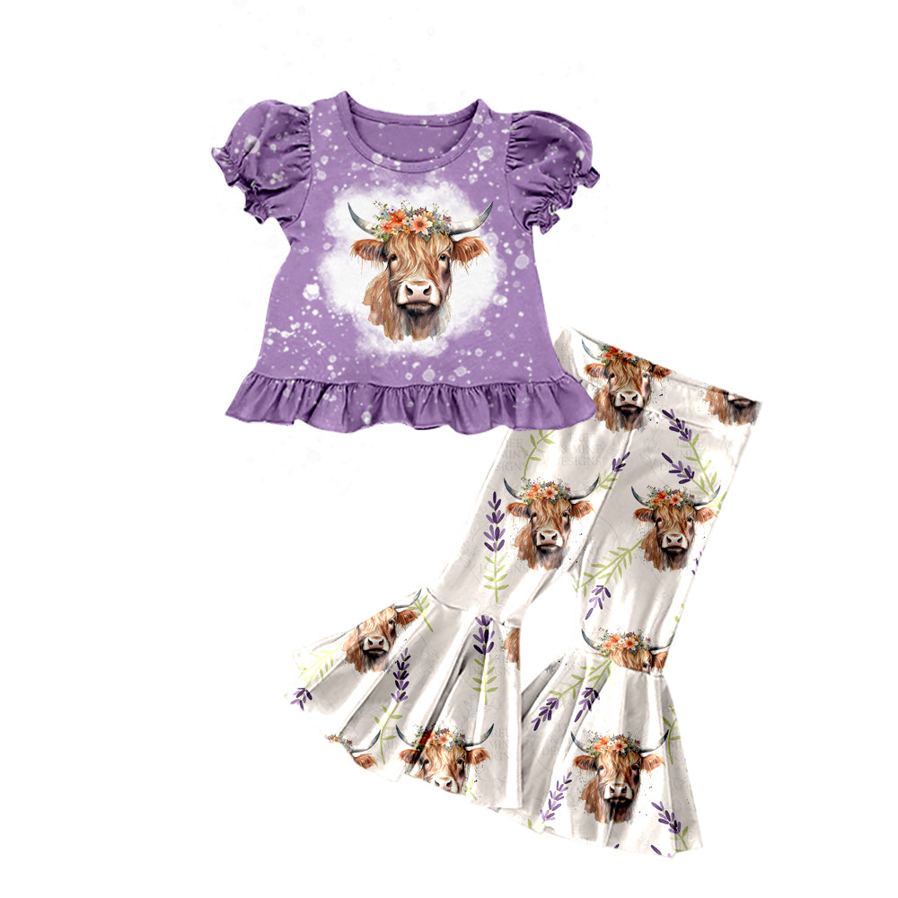 Baby Girls Purple Highland Cow Shirts Top Bell Pants Clothes Sets Preorder(moq 5)
