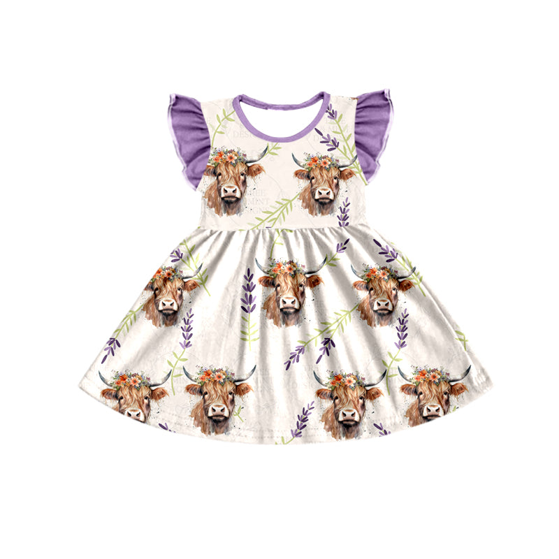 Baby Girls Purple Highland Cow Flutter Sleeve Knee Length Dresses Preorder(moq 5)