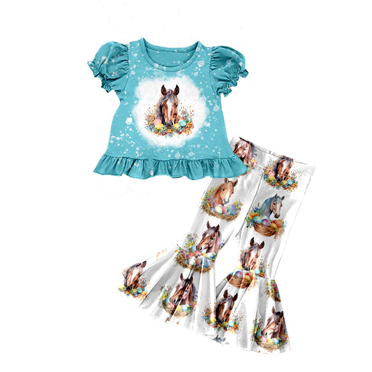 Baby Girls Easter Horse Shirts Top Bell Pants Clothes Sets Preorder(moq 5)