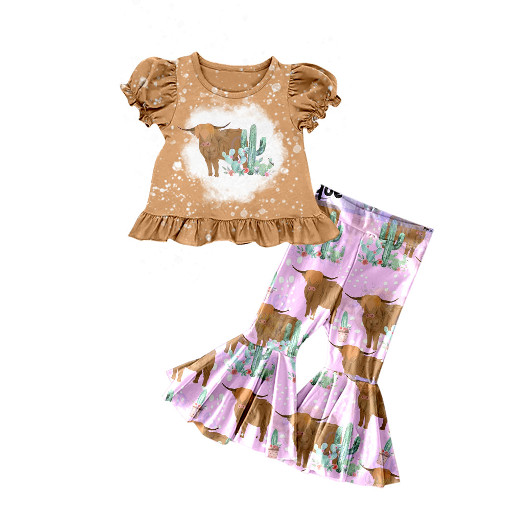 Baby Girls Highland Cow Cactus Shirts Top Bell Pants Clothes Sets Preorder(moq 5)