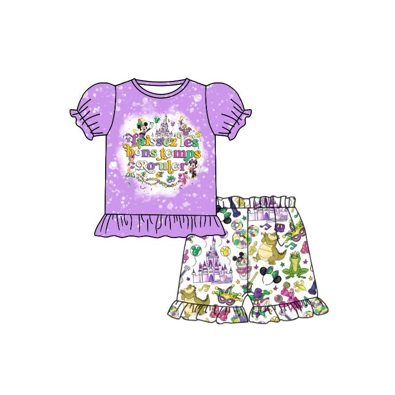 Baby Girls Mardi Gras Cartoon Shirt Top Ruffle Shorts Clothes Sets Preorder(moq 5)