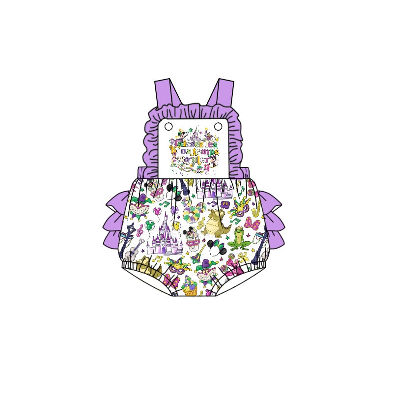 Baby Girls Mardi Gras Cartoon Purple Straps Bubble Rompers preorder(moq 5)