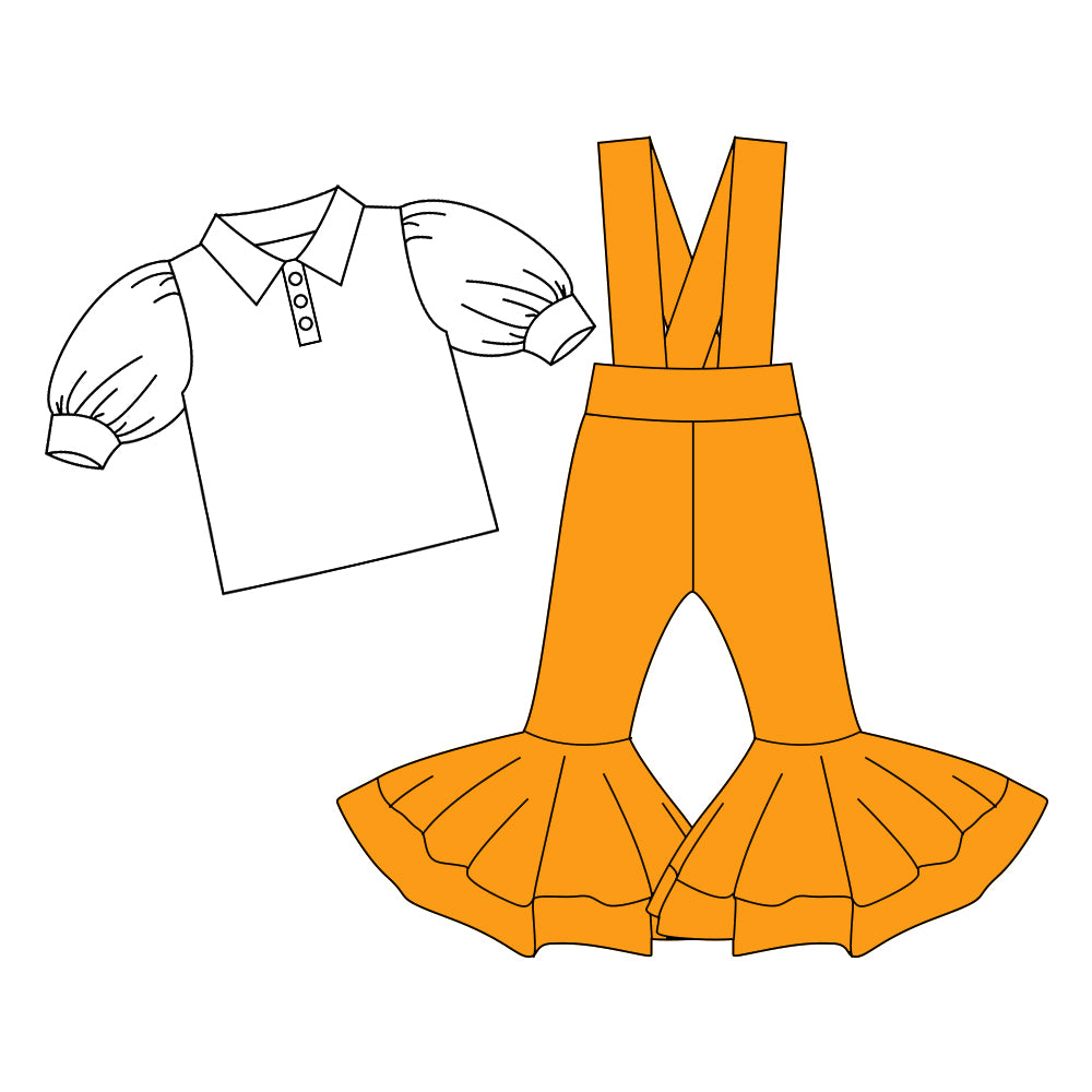 Preorder (moq 5)Baby Girls Button Shirts Top Orange Bell Bottom Overalls 2 Piece Clothes Sets