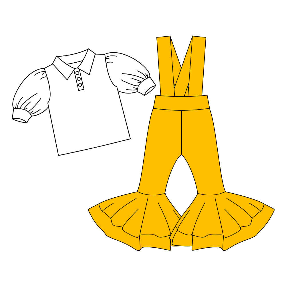 Preorder (moq 5)Baby Girls Button Shirts Top Yellow Bell Bottom Overalls 2 Piece Clothes Sets