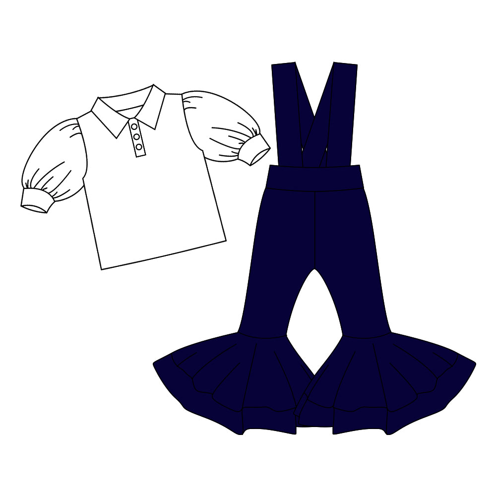 Preorder (moq 5)Baby Girls Button Shirts Top Navy Bell Bottom Overalls 2 Piece Clothes Set