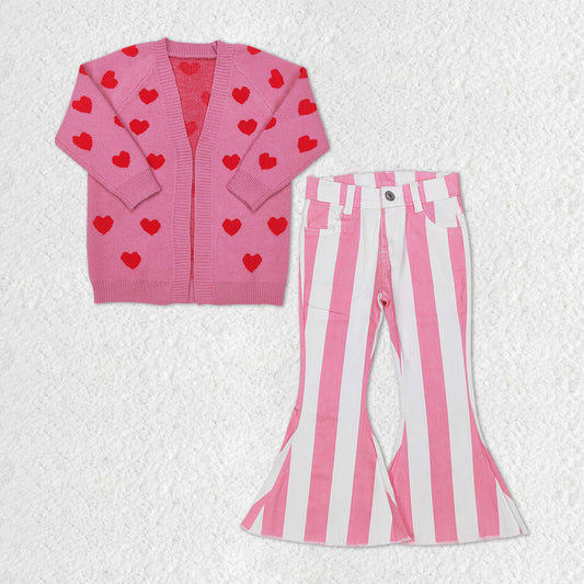 Baby Girls 2pcs Valentines Hearts Cardigan Sweaters Stripes Pink Denim Pants Sets