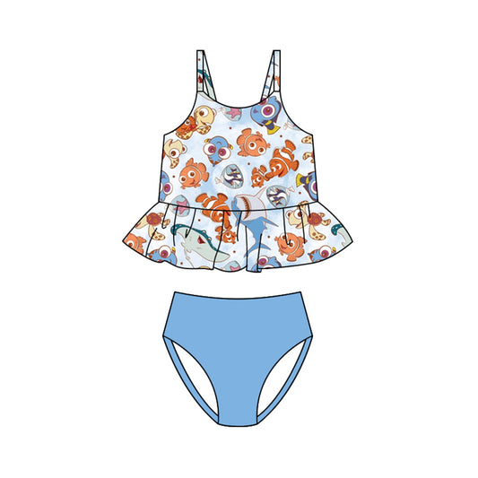 Preorder (moq 5)Baby Girls Strap Cartoon Fishes Stripe Ruffle Tunic Bummies Swimming Clothes Sets Swimsuits
