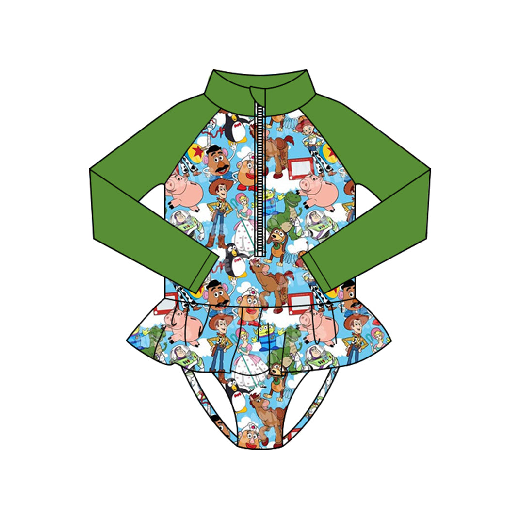 Preorder (moq 5)Baby Girls Long Sleeve Cartoon Donkey Zipper Ruffle Bummies Swimsuits