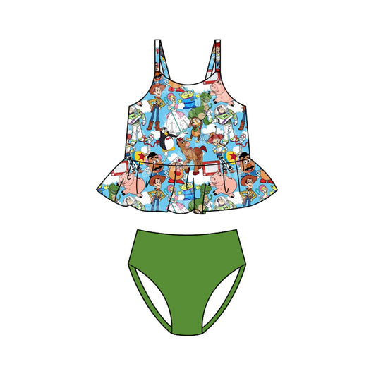 Preorder (moq 5)Baby Girls Strap Cartoon Donkey Stripe Ruffle Tunic Bummies Swimming Clothes Sets Swimsuits