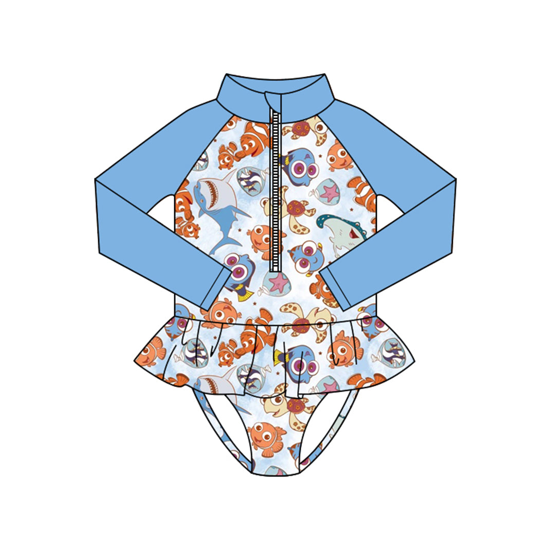 Preorder (moq 5)Baby Girls Long Sleeve Cartoon Fishes Zipper Ruffle Bummies Swimsuits