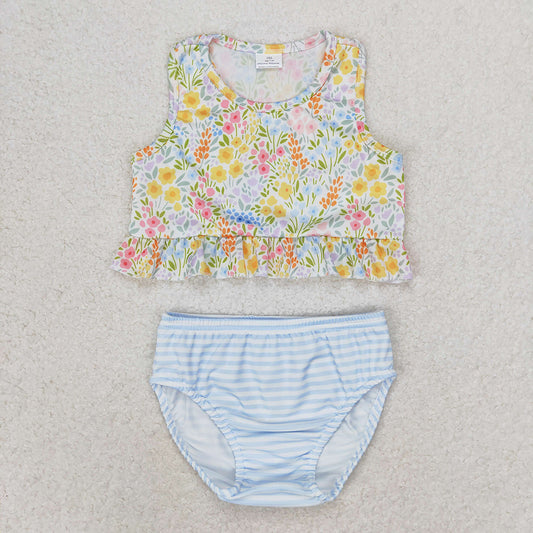 Baby Girls Small Flowers Ruffle Top Bummie Two Pieces Swimsuits