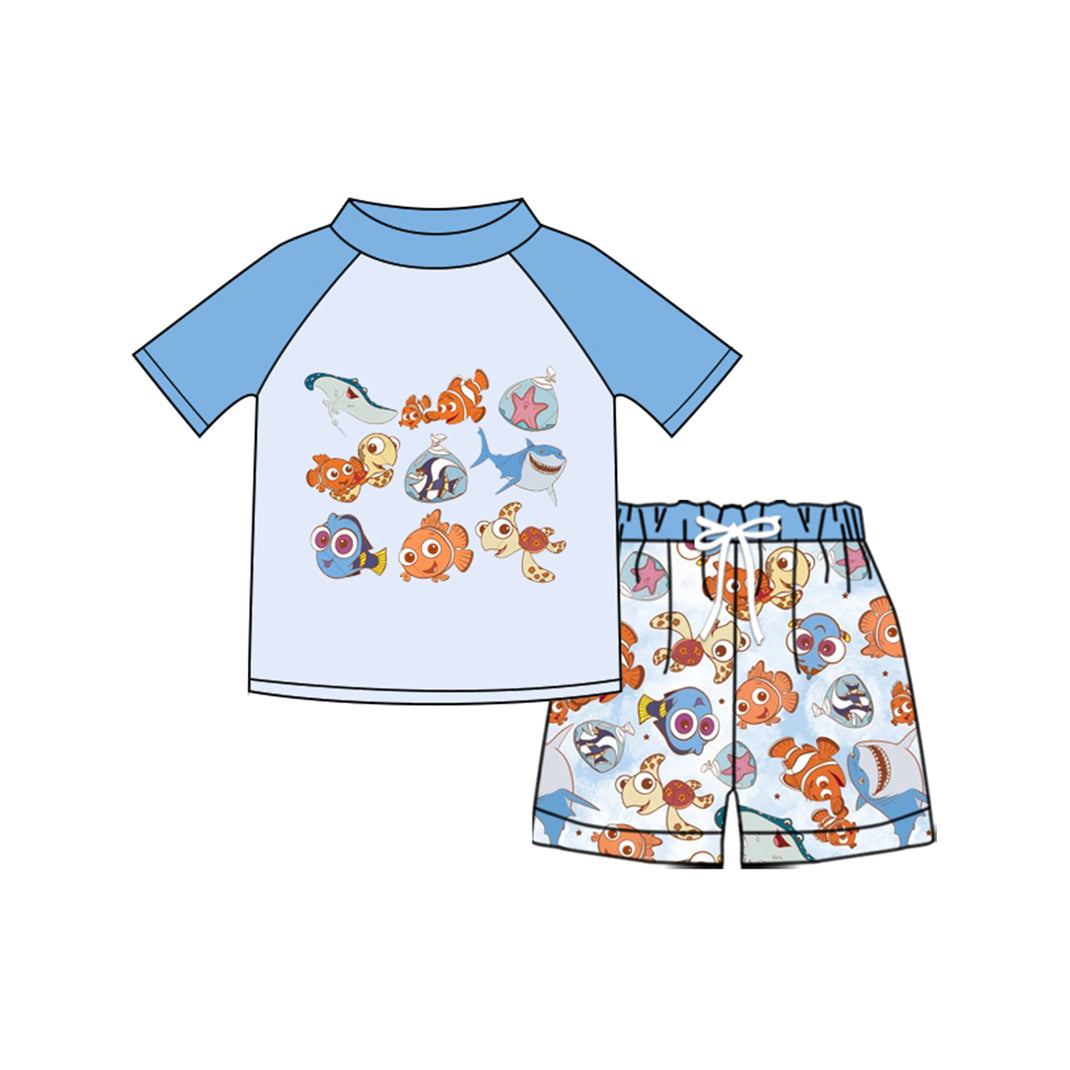 Preorder (moq 5)Baby Boys Cartoon Fishes Top Stripe Shorts Swimsuits Swimming Clothes Sets