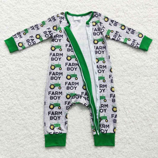 Baby Farm Boy Tractor Zip Long Sleeve Rompers