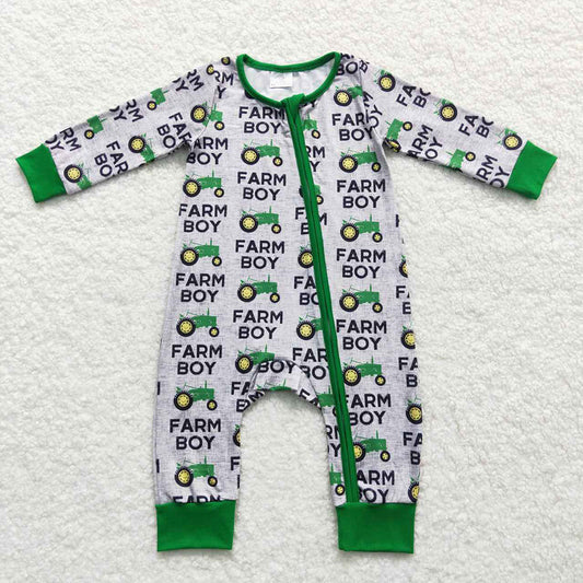 Baby Farm Boy Tractor Zip Long Sleeve Rompers