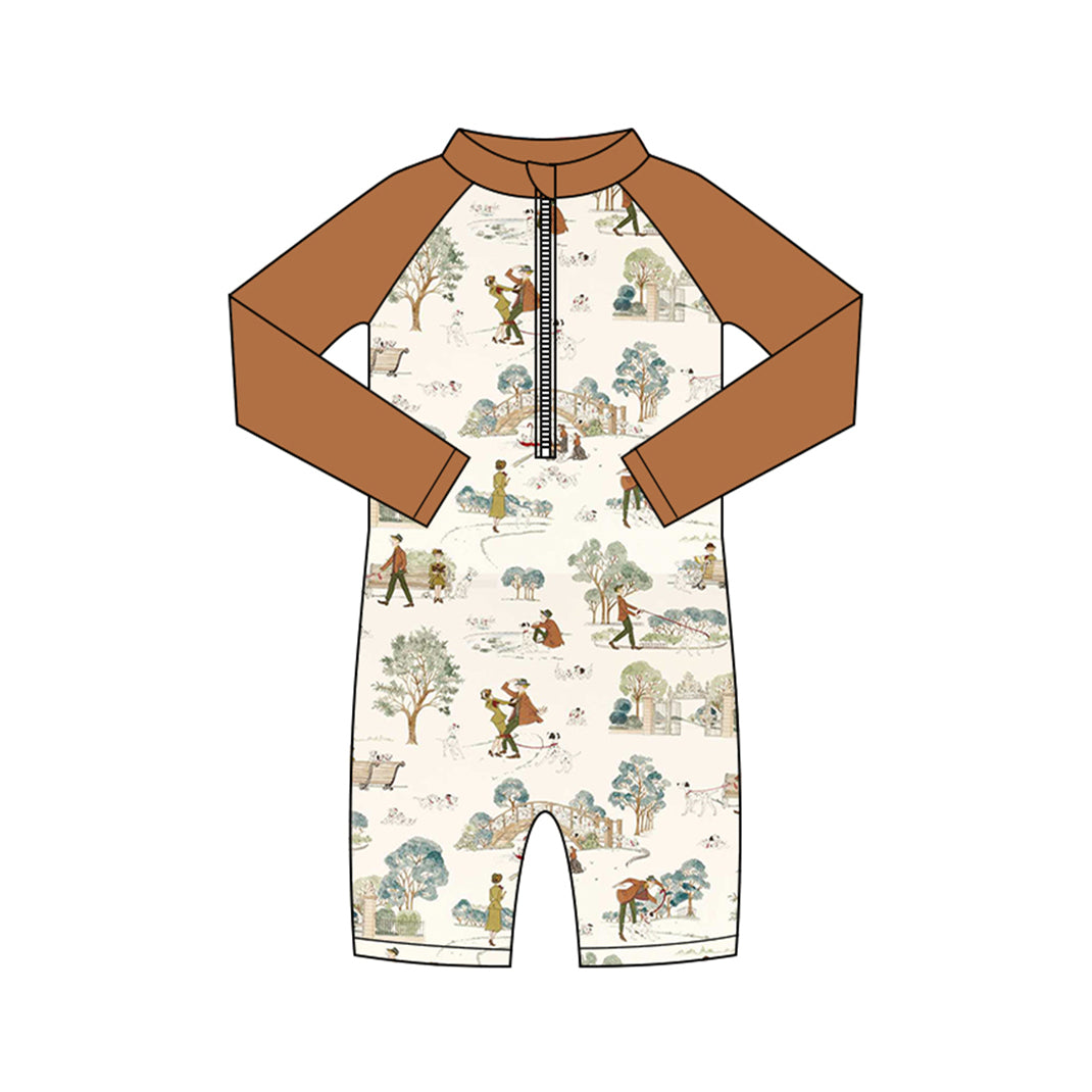 Preorder (moq 5)Baby Boys Long Sleeve Dogs Park Zipper Pants Swimsuits