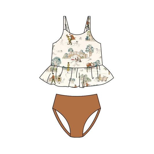 Preorder (moq 5)Baby Girls Strap Dogs Park Ruffle Tunic Bummies Swimming Clothes Sets Swimsuits