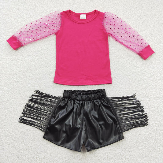 Baby Girls Hotpink Top Tassel Leather Shorts Sets