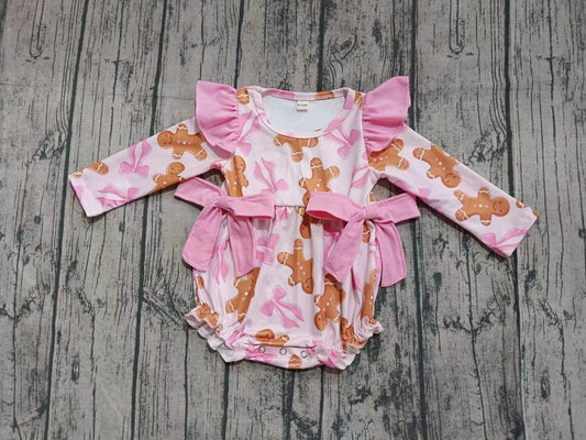Preorder moq 5 Baby Girls Pink Long Sleeves Gingerbread Bows Ruffle Rompers
