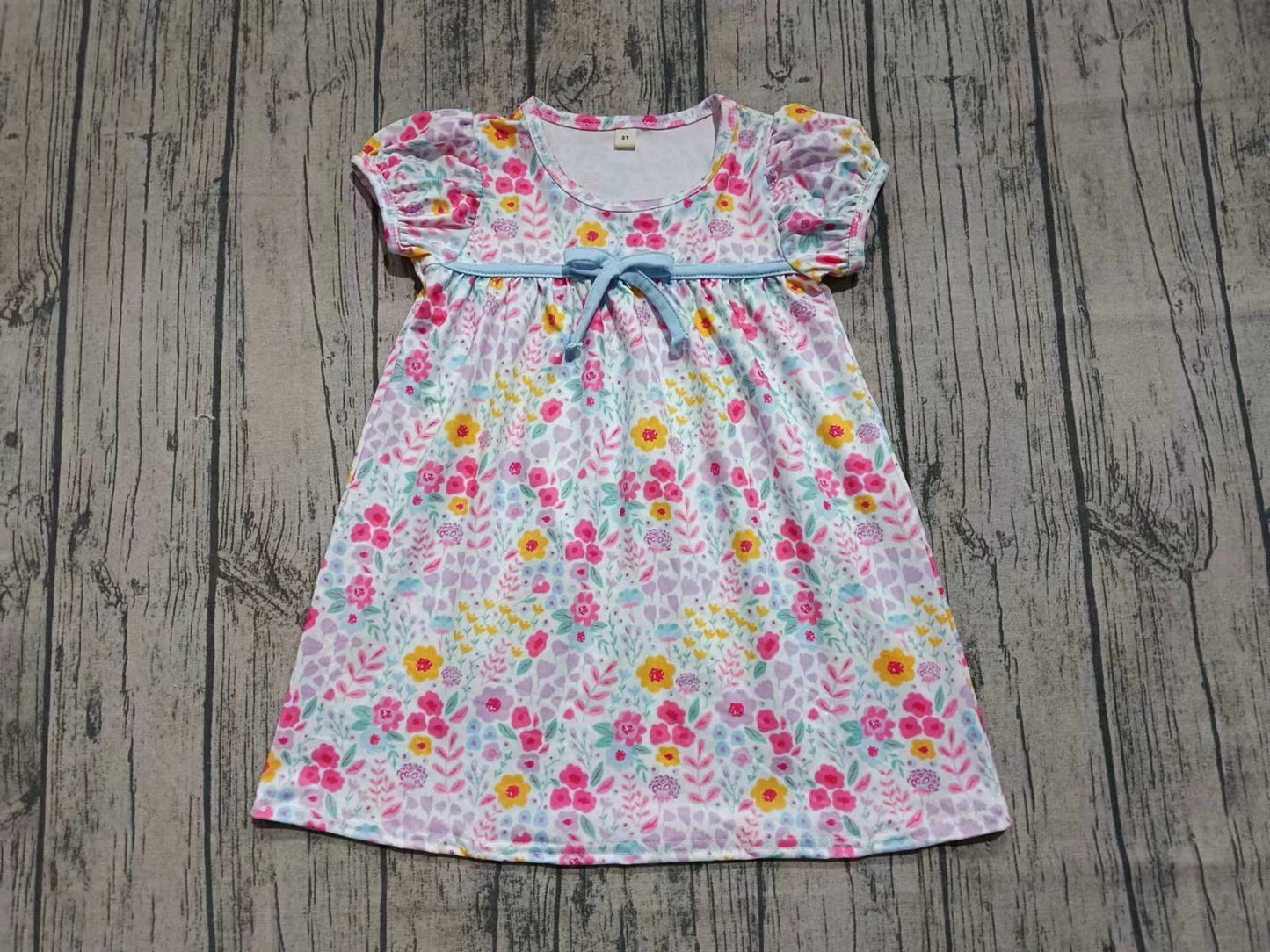 Preorder moq 5 Baby Girls Short Ruffle Sleeves Pink Lavender Floral Bow Knee Length Dresses